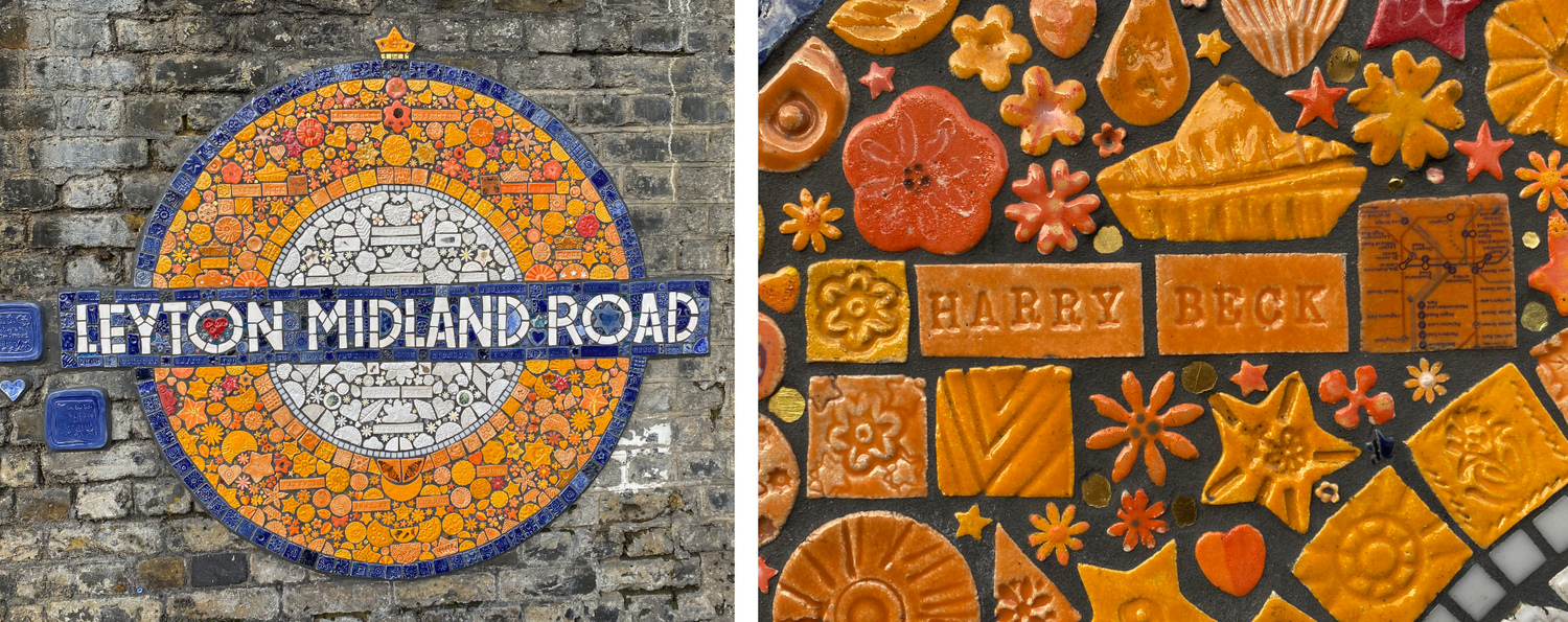 Leyton Midland Road roundel mosaic, featuring tiles with Harry Beck’s name and map.