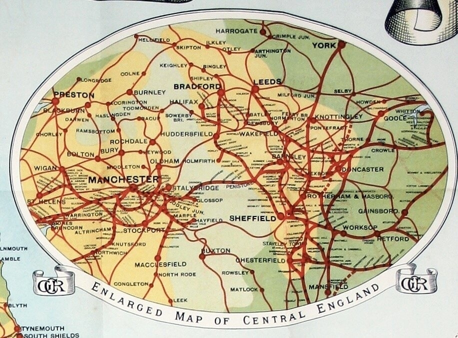 A close-up of the map showing Manchester and York and a tangle of lines in between.
