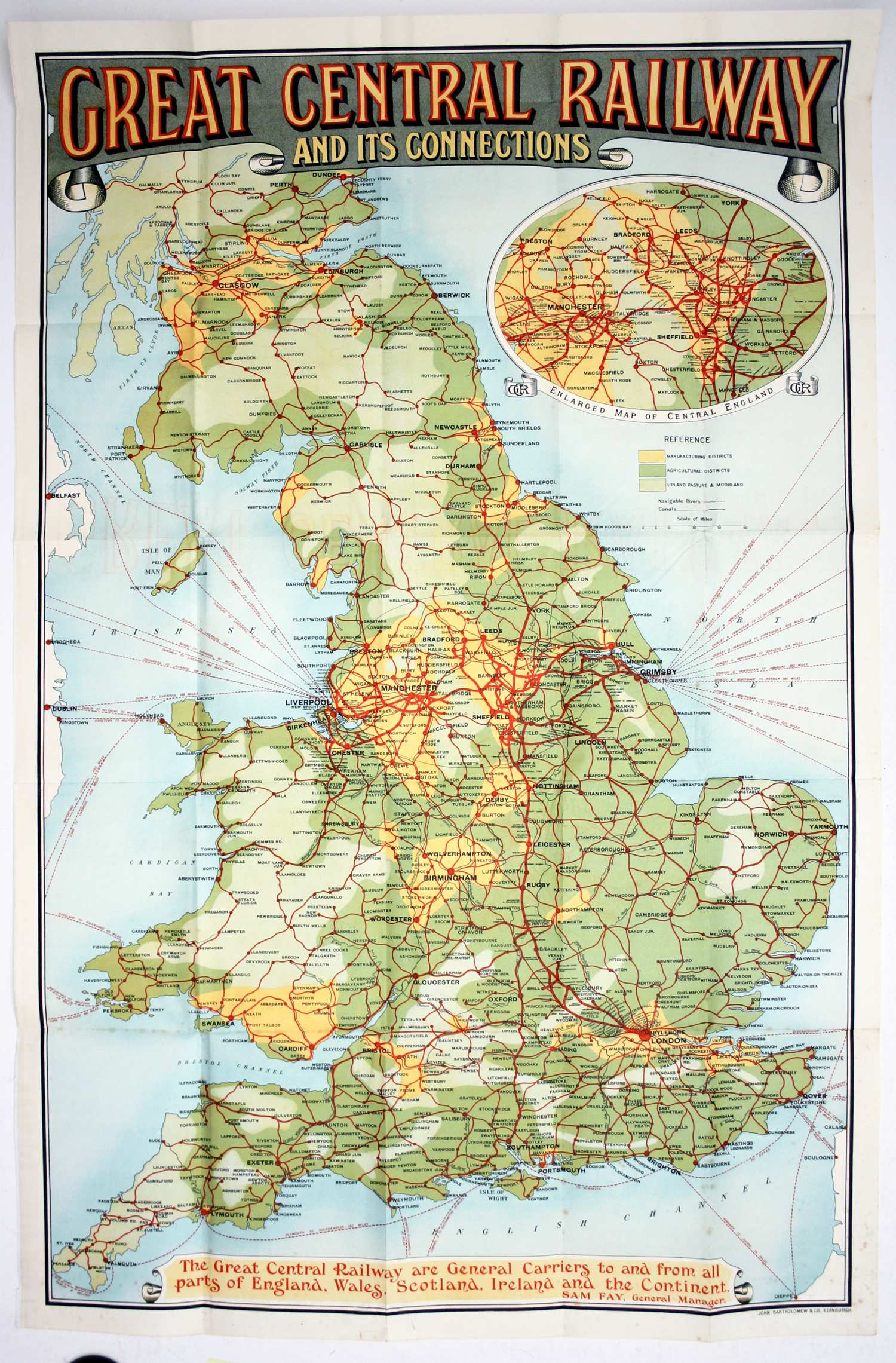 A map for the Great Central Railway and connecting lines, showing a confusing network of lines all over Great Britain.