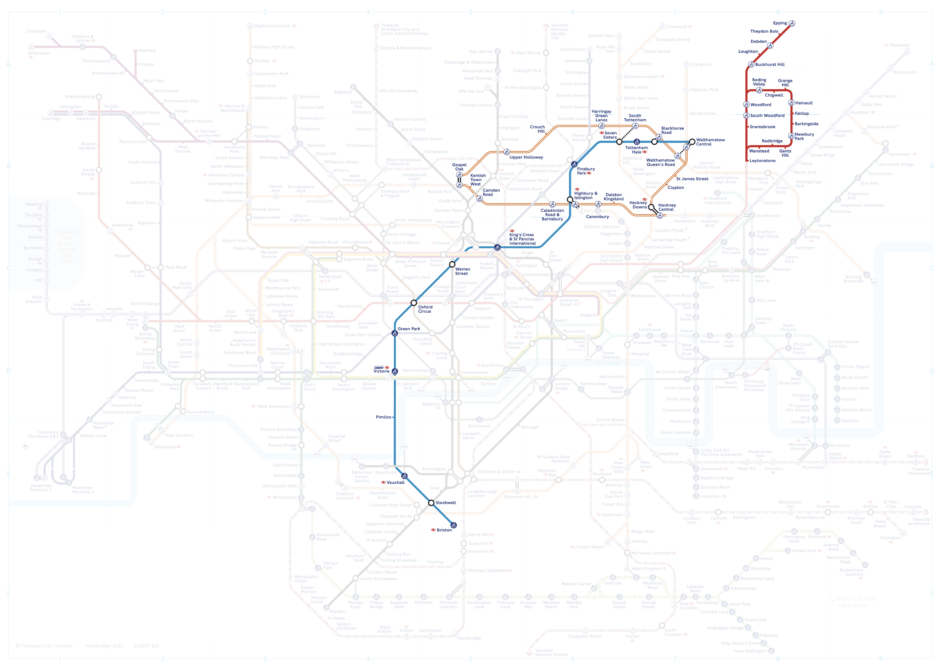 A TfL map showing parts of the London Overground, the Victoria line and the north-eastern end of the Central line highlighted.